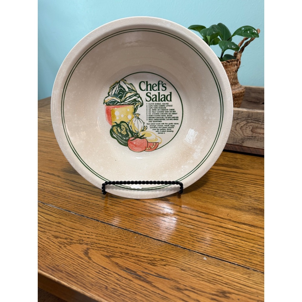 Vintage Chef's Salad Recipe Ceramic Serving Bowl 10 inch Green Cream Stoneware